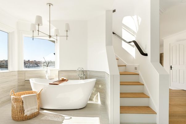 Bathroom, Free Standing Baths, Interior, Water, Wood Texture Flooring