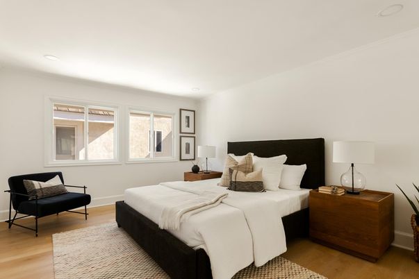 Bedroom, Interior, Recessed Lighting, Wood Texture Flooring