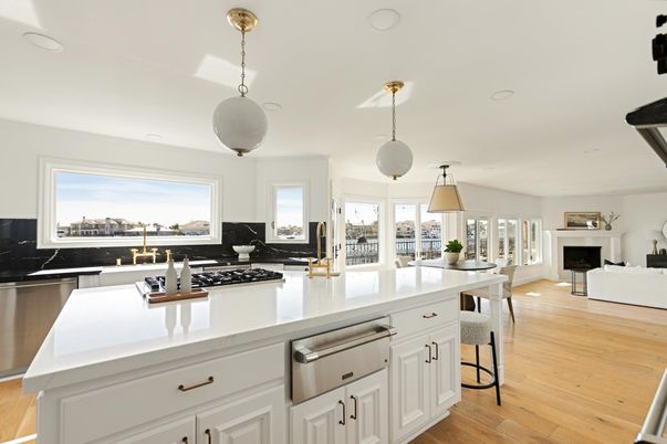 Fireplace, Interior, Kitchen, Living room, Pendant Lights, Recessed Lighting, Wood Texture Flooring