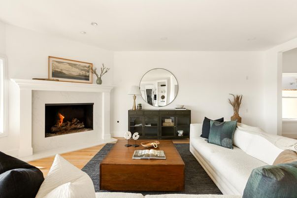 Fireplace, Interior, Living room, Recessed Lighting, Wood Texture Flooring
