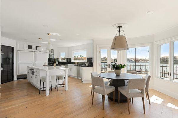 Dining room, Interior, Kitchen, Pendant Lights, Recessed Lighting, Water, Wood Texture Flooring