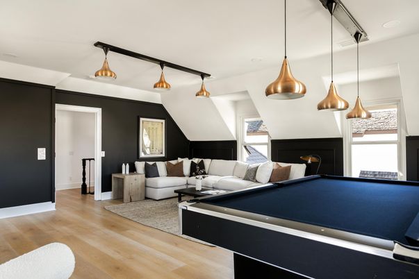 Billiard Table, Fireplace, Game Room, Interior, Living room, Pendant Lights, Wood Texture Flooring