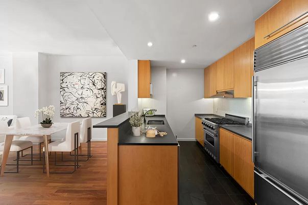 Dining room, Interior, Kitchen, Recessed Lighting, Stainless Steel Appliances, Wood Texture Flooring