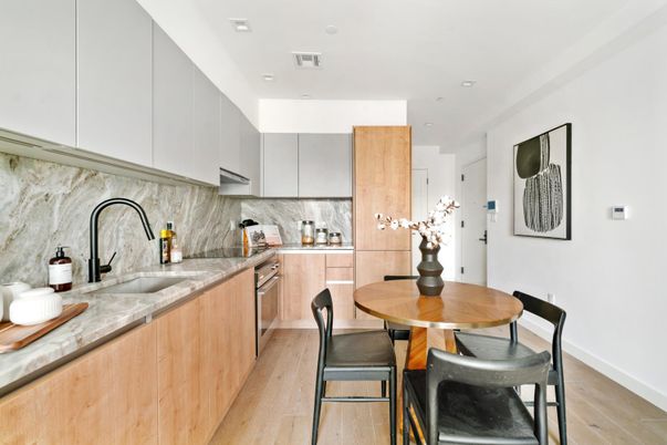 Dining room, Interior, Kitchen, Recessed Lighting, Wood Texture Flooring