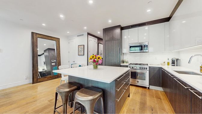 Interior, Kitchen, Recessed Lighting, Stainless Steel Appliances, Wood Texture Flooring