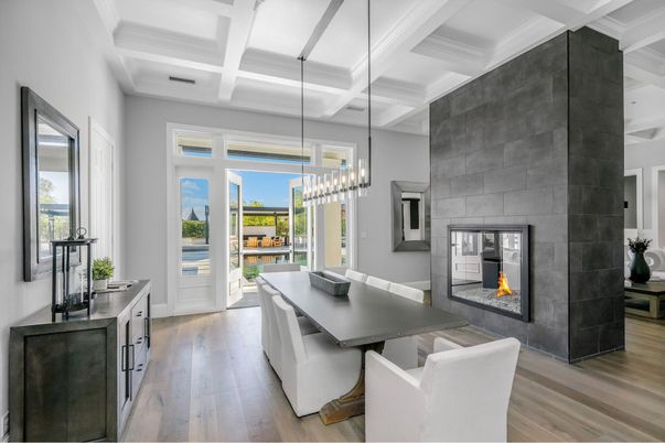 Fireplace, Interior, Pendant Lights, Wood Texture Flooring