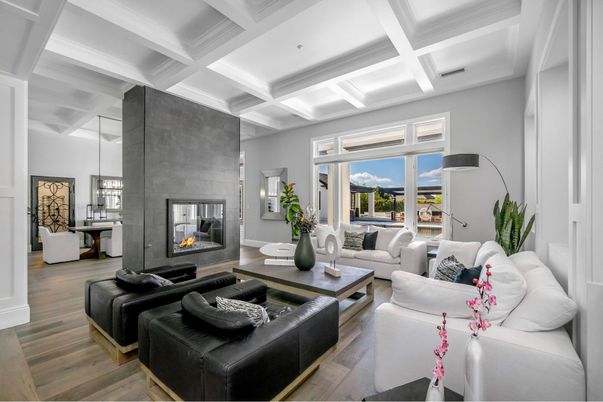 Fireplace, Interior, Living room, Pendant Lights, Recessed Lighting, Wood Texture Flooring