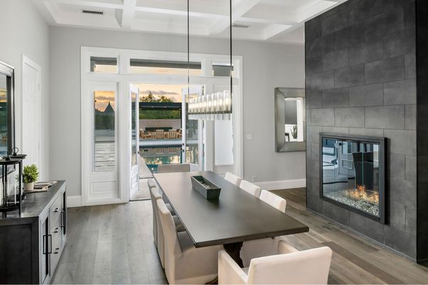 Dining room, Fireplace, Interior, Pendant Lights, Wood Texture Flooring