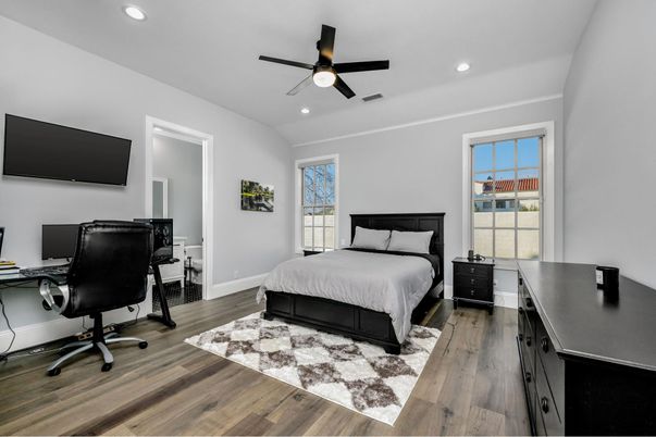 Bedroom, Home Office, Interior, Recessed Lighting, Wood Texture Flooring