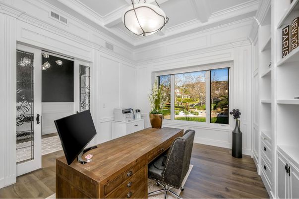 Home Office, Interior, Pendant Lights, Wood Texture Flooring