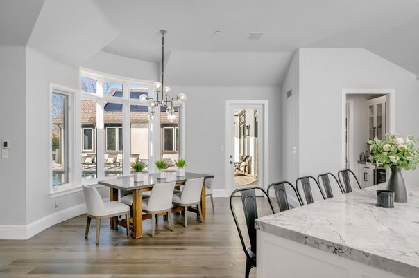 Dining room, Interior, Pendant Lights, Wood Texture Flooring