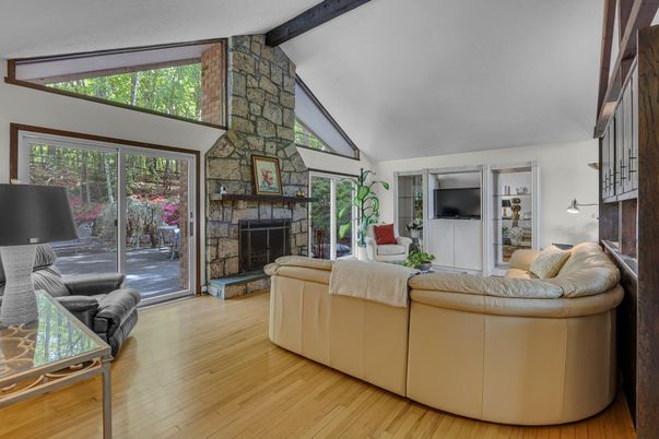 Fireplace, Interior, Living room, Stone Walls, Wooden Beams, Wood Texture Flooring