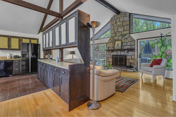 Fireplace, Interior, Kitchen, Living room, Stone Walls, Wooden Beams, Wood Texture Flooring