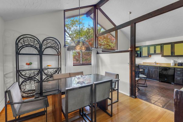 Dining room, Interior, Kitchen, Pendant Lights, Wooden Beams, Wood Texture Flooring