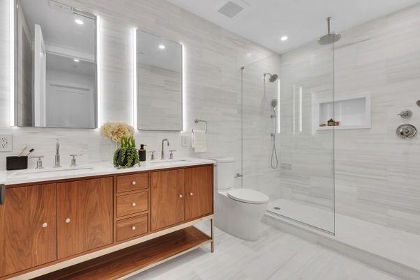 Bathroom, Dual Sink Vanities, Glass Shower, Interior, Recessed Lighting, Wood Texture Flooring
