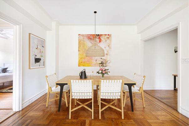 Dining room, Interior, Pendant Lights, Wood Texture Flooring