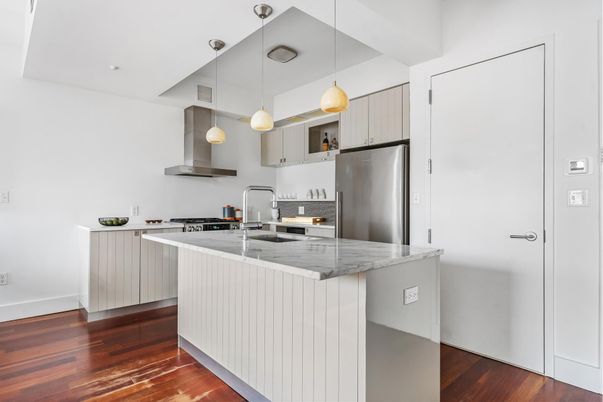 Interior, Kitchen, Pendant Lights, Recessed Lighting, Stainless Steel Appliances, Wood Texture Flooring