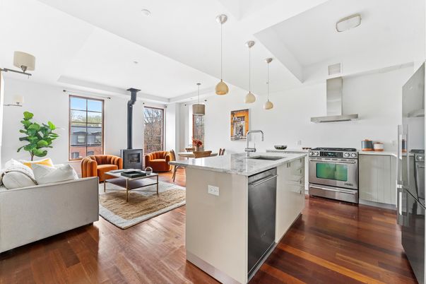 Interior, Kitchen, Living room, Pendant Lights, Recessed Lighting, Stainless Steel Appliances, Wood Texture Flooring