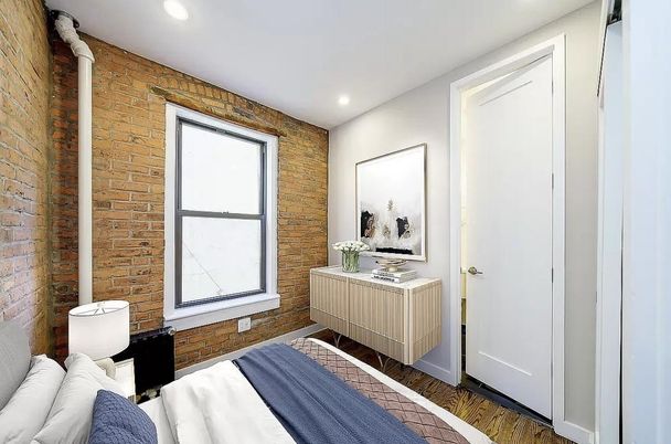 Bedroom, Interior, Recessed Lighting, Stone Walls, Wood Texture Flooring