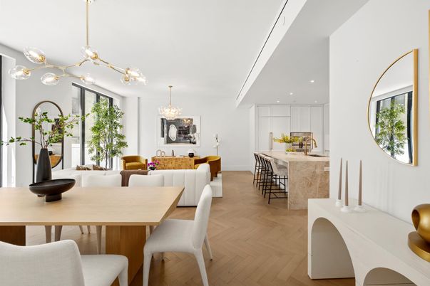 Chandelier, Dining room, Interior, Kitchen, Pendant Lights, Recessed Lighting, Wood Texture Flooring