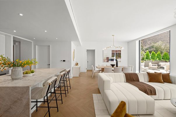 Dining room, Interior, Living room, Pendant Lights, Recessed Lighting, Wood Texture Flooring