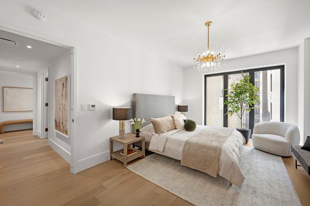 Bedroom, Interior, Pendant Lights, Recessed Lighting, Wood Texture Flooring