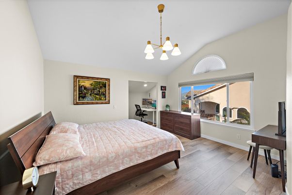 Bedroom, Chandelier, Interior, Pendant Lights, Wood Texture Flooring