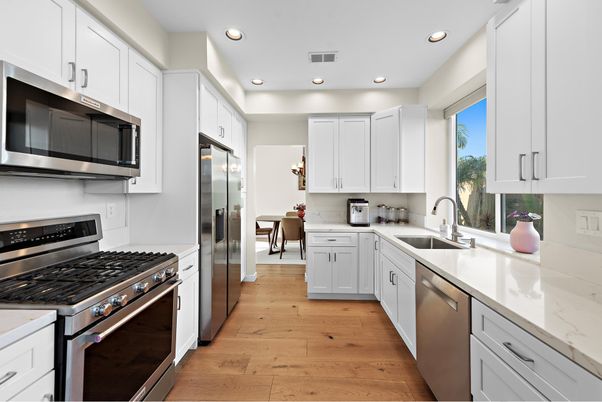 Interior, Kitchen, Recessed Lighting, Stainless Steel Appliances, Wood Texture Flooring