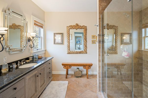 Bathroom, Dual Sink Vanities, Glass Shower, Interior, Stone Walls