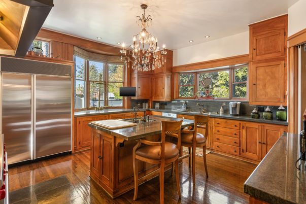 Chandelier, Interior, Kitchen, Recessed Lighting, Stainless Steel Appliances, Wood Texture Flooring