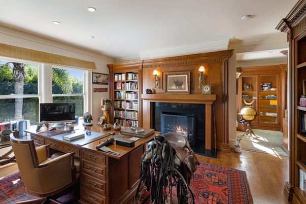 Fireplace, Home Office, Interior, Recessed Lighting, Wood Texture Flooring