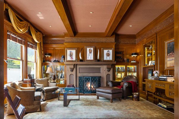 Fireplace, Interior, Living room, Recessed Lighting, Wooden Beams, Wooden Walls