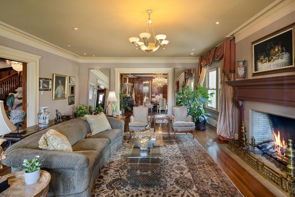 Chandelier, Dining room, Fireplace, Interior, Living room, Recessed Lighting, Wood Texture Flooring