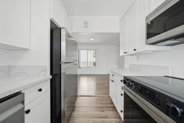 Interior, Kitchen, Marble Walls, Recessed Lighting, Stainless Steel Appliances, Wood Texture Flooring