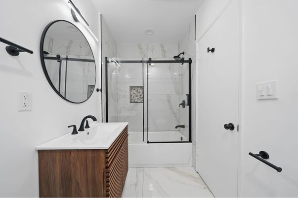 Bathroom, Glass Shower, Interior, Marble, Marble Walls, Recessed Lighting