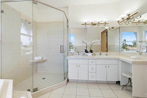 Bathroom, Dual Sink Vanities, Glass Shower, Interior, Tile Countertops