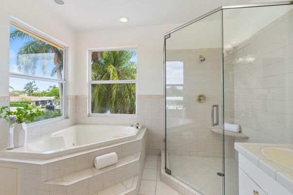 Bathroom, Glass Shower, Interior, Recessed Lighting, Tile Countertops