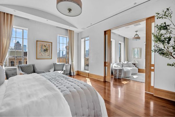 Bedroom, Interior, Pendant Lights, Wood Texture Flooring