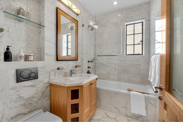 Bathroom, Glass Shower, Interior, Marble, Marble Walls, Recessed Lighting