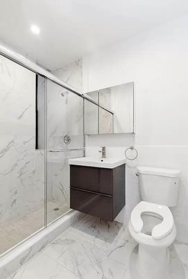 Bathroom, Glass Shower, Interior, Marble, Marble Walls, Recessed Lighting