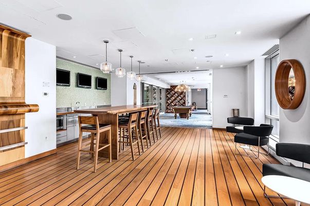 Billiard Table, Game Room, Interior, Pendant Lights, Recessed Lighting, Wood Texture Flooring