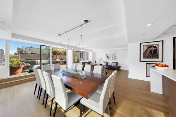 Dining room, Interior, Pendant Lights, Recessed Lighting, Wood Texture Flooring