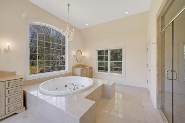 Bathroom, Chandelier, Glass Shower, Interior, Recessed Lighting