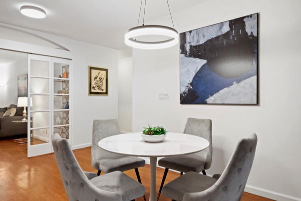 Dining room, Interior, Pendant Lights, Wood Texture Flooring