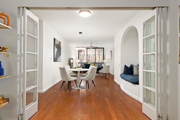 Dining room, Interior, Pendant Lights, Wood Texture Flooring