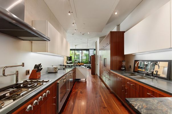 Interior, Kitchen, Recessed Lighting, Stainless Steel Appliances, Wood Texture Flooring