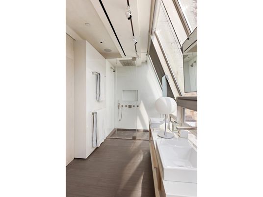 Bathroom, Dual Sink Vanities, Interior, Recessed Lighting, Wood Texture Flooring