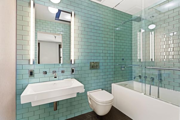 Bathroom, Glass Shower, Interior, Wood Texture Flooring
