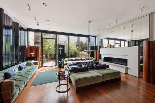 Fireplace, Interior, Living room, Pendant Lights, Recessed Lighting, Wood Texture Flooring