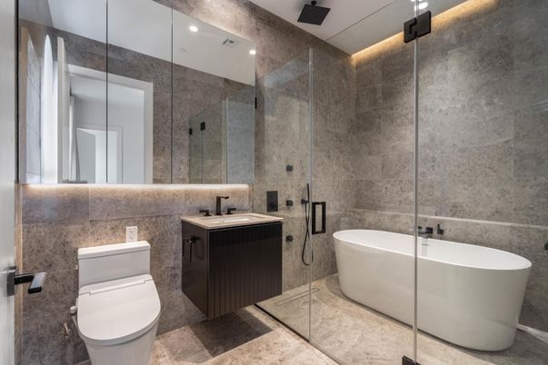 Bathroom, Free Standing Baths, Glass Shower, Interior, Recessed Lighting